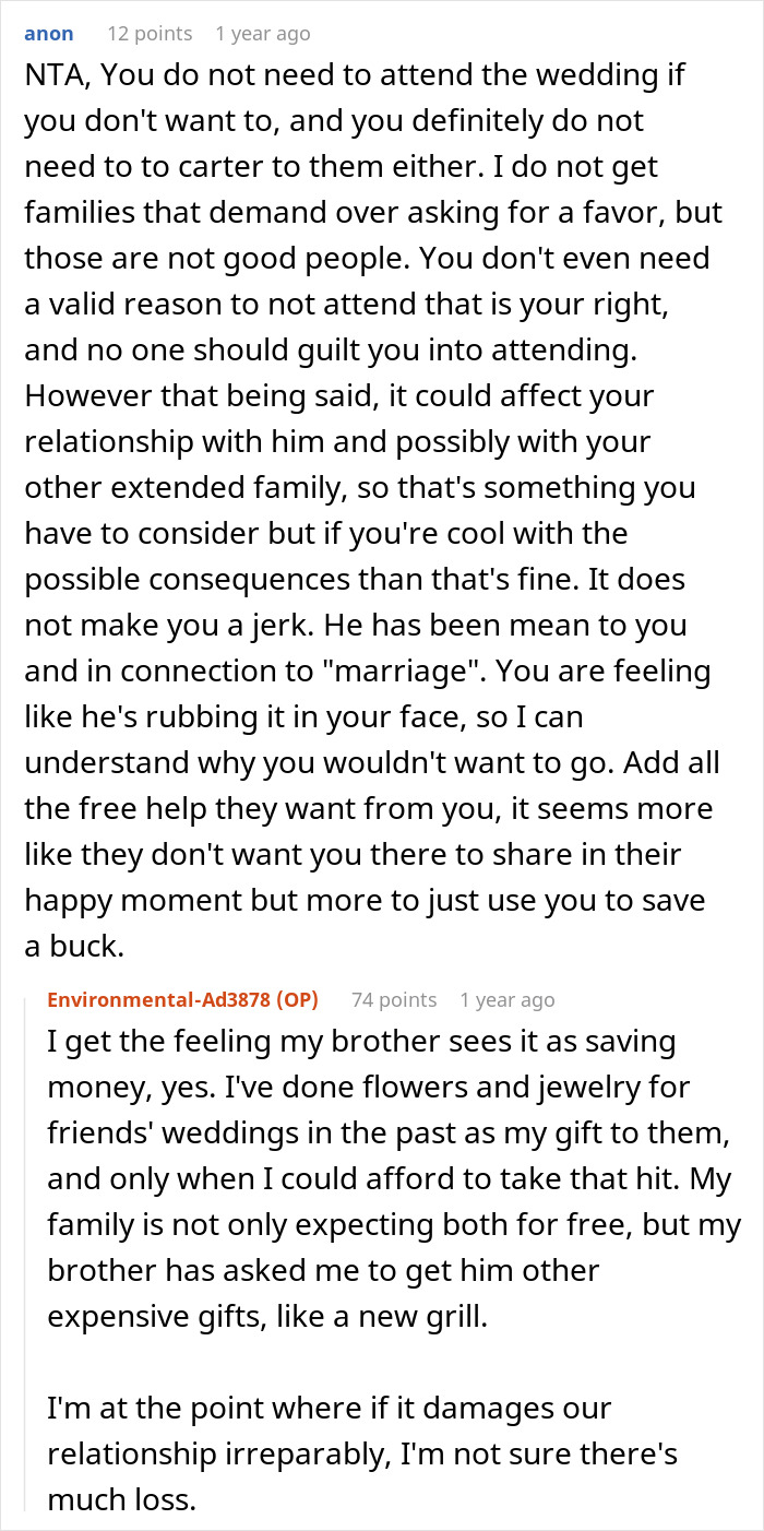 Reddit comments discussing a family issue where wedding chores were imposed on a woman. Reddit comments discussing a family issue where wedding chores were imposed on a woman.
