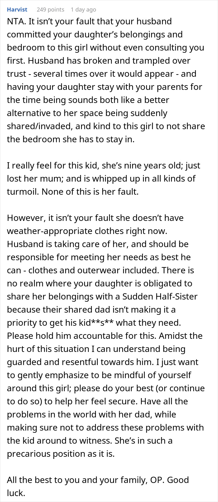 Text post discussing mom's refusal to accommodate husband's affair baby and related family dynamics. Text post discussing mom's refusal to accommodate husband's affair baby and related family dynamics.