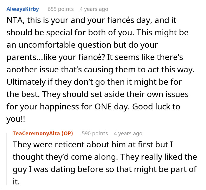 Comments discussing a bride's decision to exclude parents from her wedding due to issues with fiancé’s tradition. Comments discussing a bride's decision to exclude parents from her wedding due to issues with fiancé’s tradition.