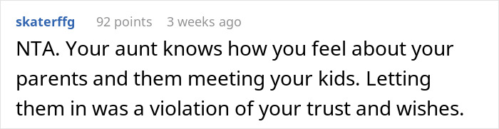 Reddit comment discussing aunt allowing nephews to visit grandparents, seen as a violation of trust. Reddit comment discussing aunt allowing nephews to visit grandparents, seen as a violation of trust.