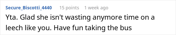 Text comment expressing satisfaction about a woman ending support for a jobless boyfriend. Text comment expressing satisfaction about a woman ending support for a jobless boyfriend.