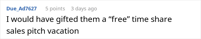 Text comment about gifting a "free" timeshare vacation, related to a canceled holiday gift. Text comment about gifting a "free" timeshare vacation, related to a canceled holiday gift.