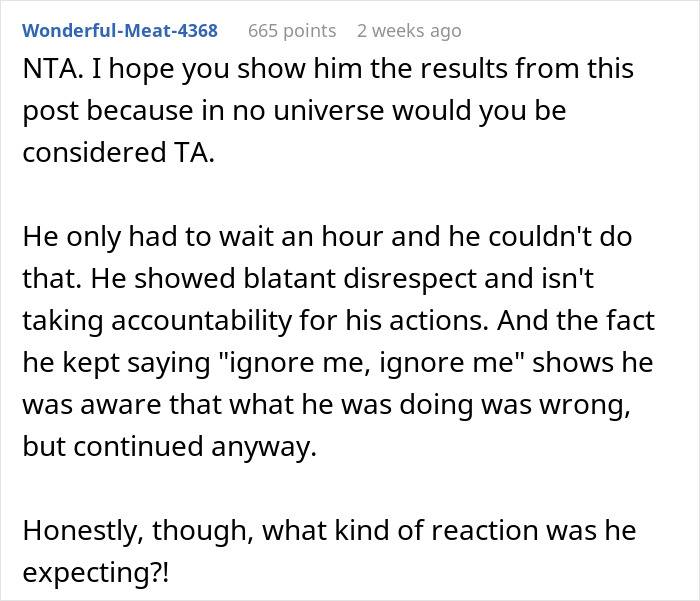 Reddit comment discussing husband interrupting woman during critical job test, showing disrespect and lack of accountability. Reddit comment discussing husband interrupting woman during critical job test, showing disrespect and lack of accountability.