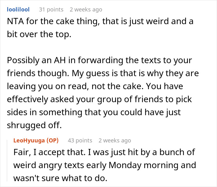 Text conversation about a cake and friend issues at a birthday party. Text conversation about a cake and friend issues at a birthday party.