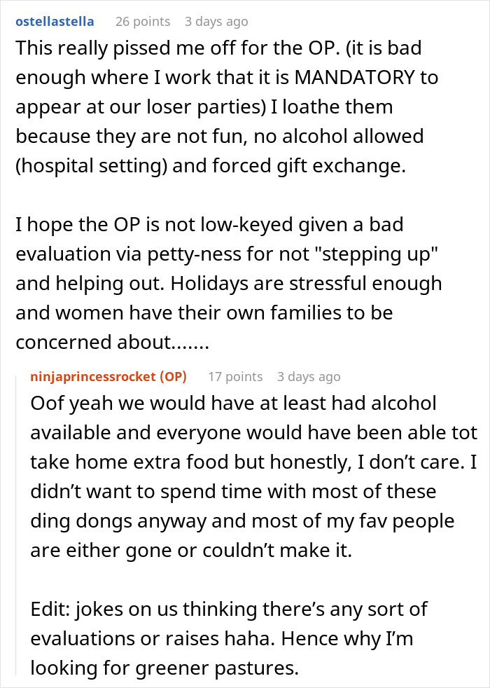 Reddit user comments about dissatisfaction with mandatory office Christmas parties. Reddit user comments about dissatisfaction with mandatory office Christmas parties.