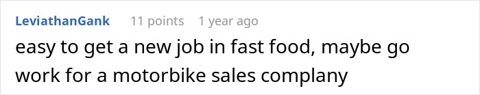 Comment about finding a job in motorbike sales, related to cutting employee hours. Comment about finding a job in motorbike sales, related to cutting employee hours.