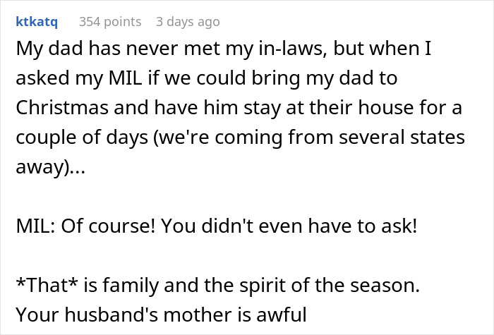 Text describing MIL’s response to a Christmas request, highlighting family dynamics during the holiday season. Text describing MIL’s response to a Christmas request, highlighting family dynamics during the holiday season.