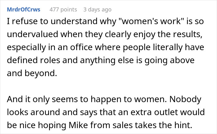Text discussing the undervaluation of "women's work" in an office setting where roles are traditionally defined. Text discussing the undervaluation of "women's work" in an office setting where roles are traditionally defined.