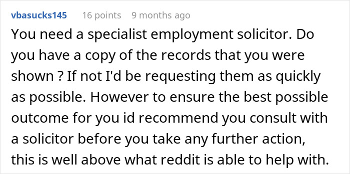 Reddit comment advising woman on legal steps after IT sabotage affecting her career. Reddit comment advising woman on legal steps after IT sabotage affecting her career.