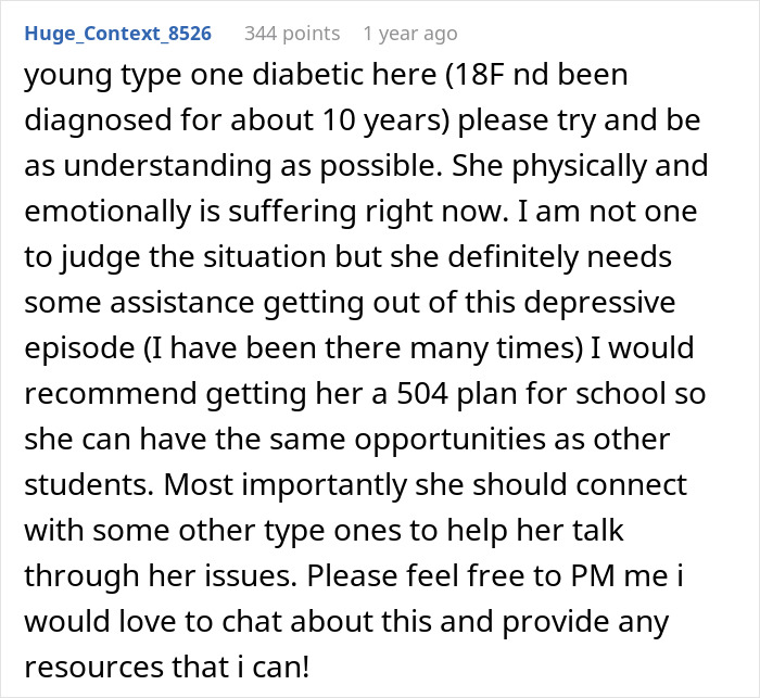 Comment discussing a young diabetic's need for understanding and support, related to a debate on chores and disease. Comment discussing a young diabetic's need for understanding and support, related to a debate on chores and disease.