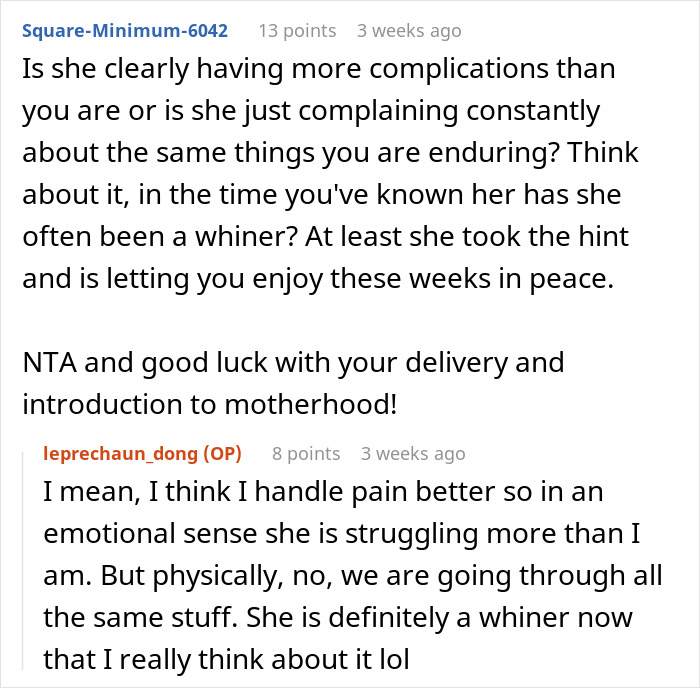 Online forum discussion about a pregnant friend complaining, highlighting differing perspectives on handling discomfort. Online forum discussion about a pregnant friend complaining, highlighting differing perspectives on handling discomfort.