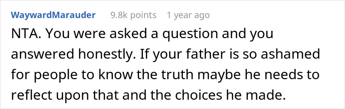 Reddit comment discussing a father's need to reflect on his choices toward his daughter. Reddit comment discussing a father's need to reflect on his choices toward his daughter.