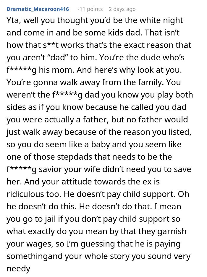 Commentary text discussing marital conflict regarding a wife's ex, questioning roles and fatherhood responsibilities. Commentary text discussing marital conflict regarding a wife's ex, questioning roles and fatherhood responsibilities.