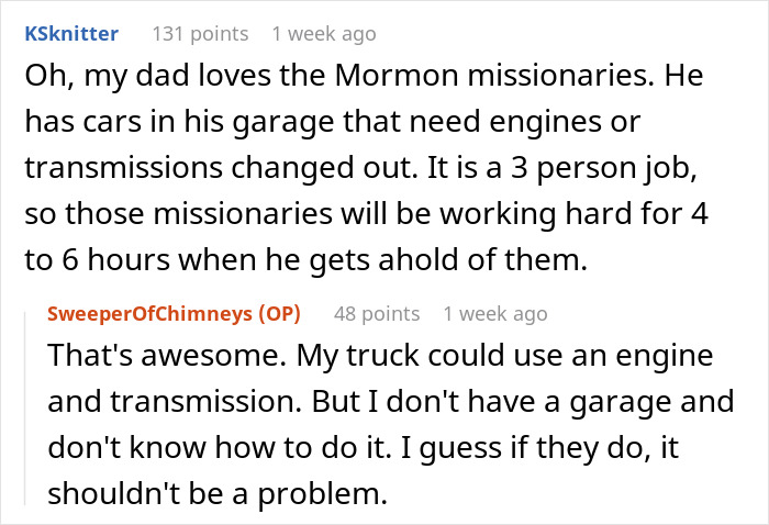 Reddit conversation about Mormon missionaries helping with car repairs, highlighting persistence in learning skills. Reddit conversation about Mormon missionaries helping with car repairs, highlighting persistence in learning skills.