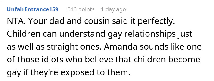 Reddit comment discussing children's understanding of gay relationships compared to straight relationships. Reddit comment discussing children's understanding of gay relationships compared to straight relationships.