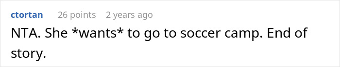 Reddit comment saying daughter prefers soccer camp over "fat camp". Reddit comment saying daughter prefers soccer camp over "fat camp".