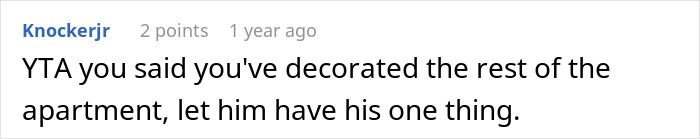 Comment about decorating the apartment, suggesting compromise over a large dog photo. Comment about decorating the apartment, suggesting compromise over a large dog photo.