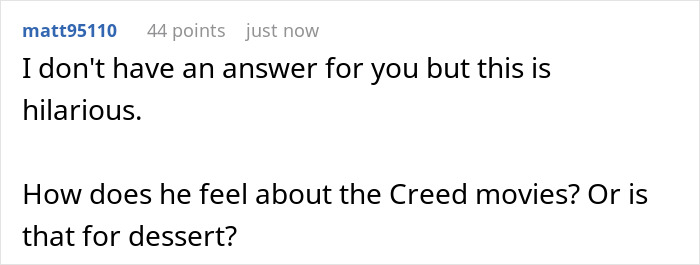 Comment discussing humor related to Rocky and Creed movies, highlighting the brother's perspective during Christmas. Comment discussing humor related to Rocky and Creed movies, highlighting the brother's perspective during Christmas.