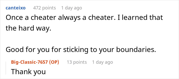 Reddit comment exchange discussing the difficulty of refusing to take back a cheating girlfriend. Reddit comment exchange discussing the difficulty of refusing to take back a cheating girlfriend.