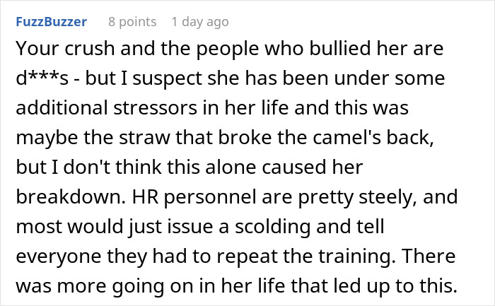 Comment discussing an HR director's mental breakdown related to stressors and workplace dynamics. Comment discussing an HR director's mental breakdown related to stressors and workplace dynamics.