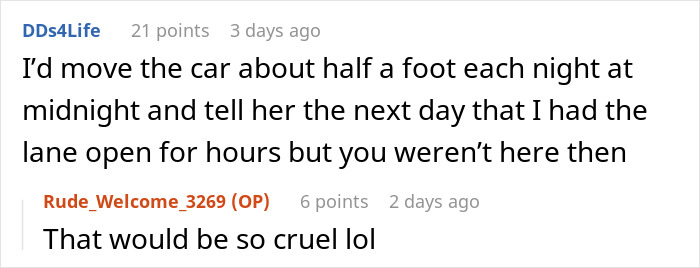 Text exchange discussing driveway parking solutions with humor. Text exchange discussing driveway parking solutions with humor.