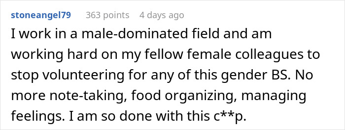Reddit comment by stoneangel79 discussing female employees rejecting traditional office roles, expressing frustration. Reddit comment by stoneangel79 discussing female employees rejecting traditional office roles, expressing frustration.