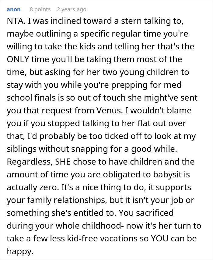 Text conversation about refusing babysitting sister's kids during finals preparation. Text conversation about refusing babysitting sister's kids during finals preparation.