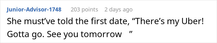 Reddit comment humorously referencing a date and Uber situation. Reddit comment humorously referencing a date and Uber situation.
