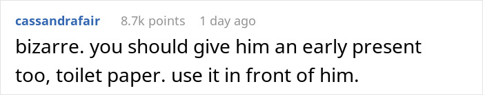 User comment suggesting an early Christmas gift of toilet paper, with humorous intent. User comment suggesting an early Christmas gift of toilet paper, with humorous intent.