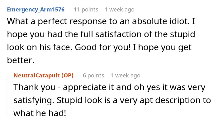 Reddit comments discussing satisfaction from a response, associated with fat-shaming comeback. Reddit comments discussing satisfaction from a response, associated with fat-shaming comeback.