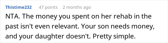 Comment discussing financial issues between siblings and parental help. Comment discussing financial issues between siblings and parental help.