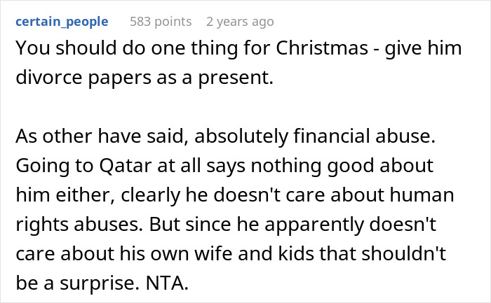 Online forum comment criticizing a husband's financial decisions and priorities for Christmas. Online forum comment criticizing a husband's financial decisions and priorities for Christmas.