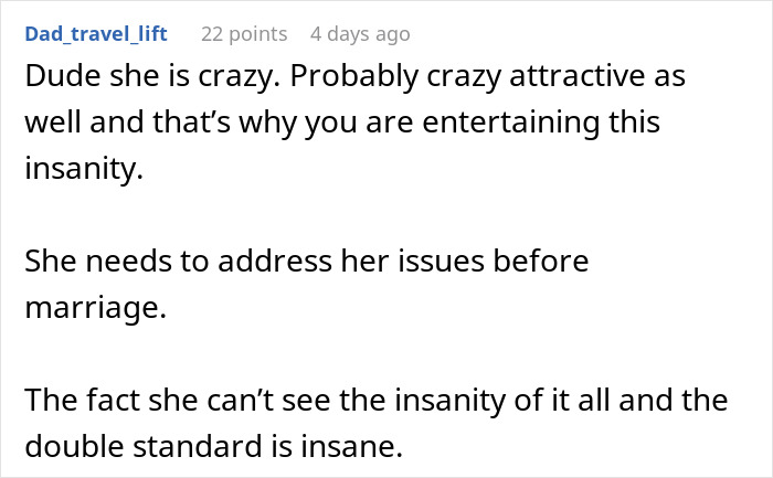 Reddit comment about a fiancé demanding to sell a car, mentioning double standards and needing to address issues before marriage. Reddit comment about a fiancé demanding to sell a car, mentioning double standards and needing to address issues before marriage.
