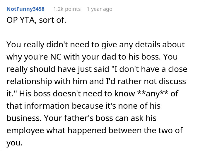 Comment criticizing a father's behavior, suggesting privacy on family issues at work. Comment criticizing a father's behavior, suggesting privacy on family issues at work.