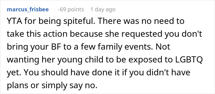 Reddit comment criticizing someone for refusing to babysit after a family request regarding a boyfriend at events. Reddit comment criticizing someone for refusing to babysit after a family request regarding a boyfriend at events.