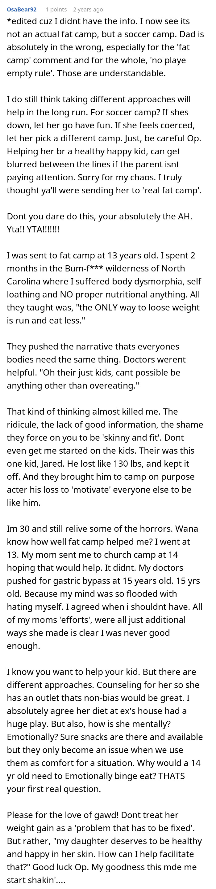 Comments discussing a father's feeding habits, daughter's weight issues, and debate over sending her to a camp. Comments discussing a father's feeding habits, daughter's weight issues, and debate over sending her to a camp.