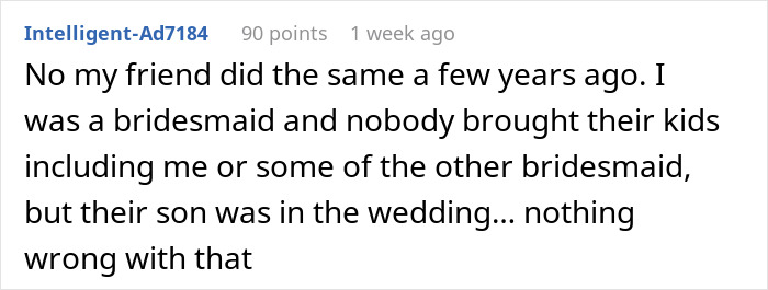 Reddit comment discussing a bridesmaid's view on child-free weddings, mentioning a friend's similar experience. Reddit comment discussing a bridesmaid's view on child-free weddings, mentioning a friend's similar experience.