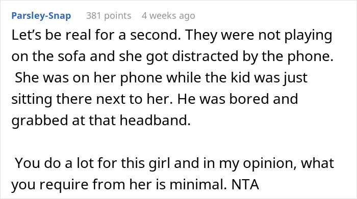 "Comment discussing refusal to pay for sister's college after toddler's concussion incident. "Comment discussing refusal to pay for sister's college after toddler's concussion incident.