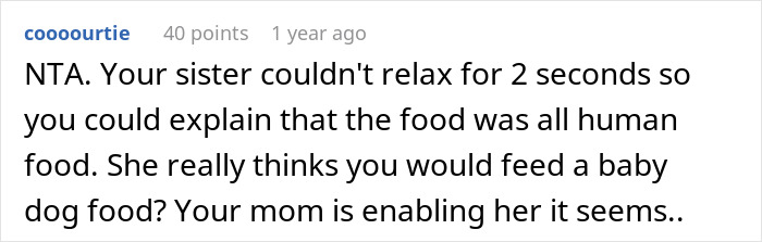 Comment discussing misunderstanding about food for a niece, clarifying it was not dog food. Comment discussing misunderstanding about food for a niece, clarifying it was not dog food.