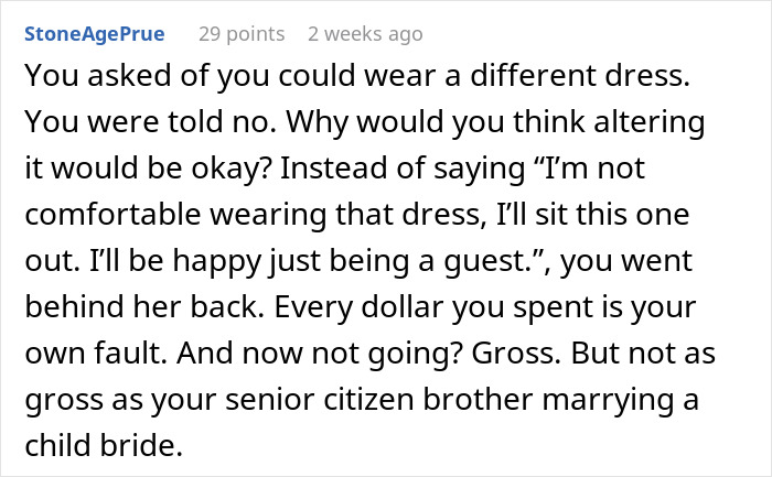 Reddit comment criticizing a woman for altering a bridesmaid dress without permission. Reddit comment criticizing a woman for altering a bridesmaid dress without permission.