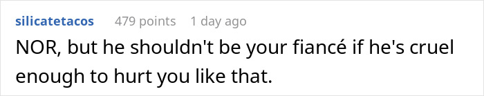 Comment discussing a fiancé's cruel prank, cautioning against hurtful behavior in relationships. Comment discussing a fiancé's cruel prank, cautioning against hurtful behavior in relationships.