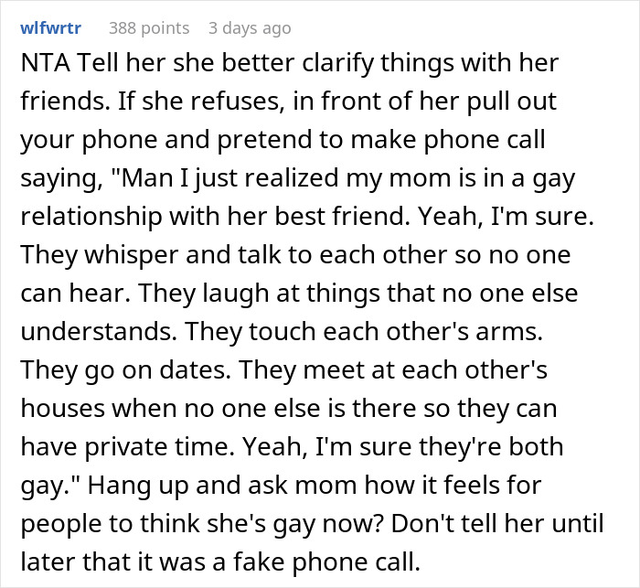 Text exchange about mom wrongly assuming son is gay, with a humorous phone call suggestion. Text exchange about mom wrongly assuming son is gay, with a humorous phone call suggestion.
