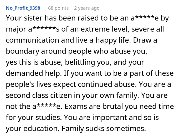 Comment discussing family dynamics and boundaries, focusing on refusing babysitting for sister’s kids. Comment discussing family dynamics and boundaries, focusing on refusing babysitting for sister’s kids.