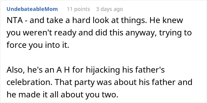 Comment criticizing a public proposal hijacking a celebration, mentioning readiness and manipulation. Comment criticizing a public proposal hijacking a celebration, mentioning readiness and manipulation.