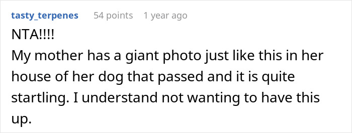 Reddit comment discussing giant photo of a late dog, similar to BF's request for the apartment. Reddit comment discussing giant photo of a late dog, similar to BF's request for the apartment.