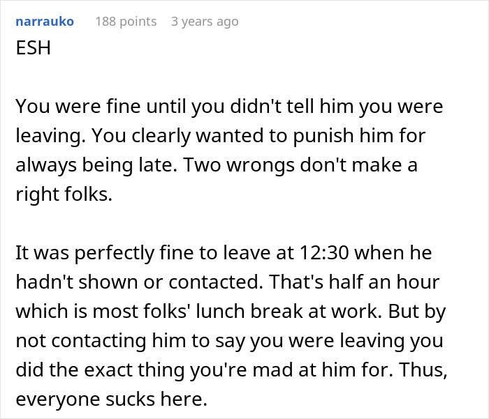 Comment about a friend being late, discussing leaving a lunch date without notifying. Comment about a friend being late, discussing leaving a lunch date without notifying.