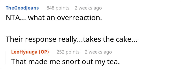 Reddit comments reacting humorously, mentioning "cake" and laughter, related to a friend's birthday party. Reddit comments reacting humorously, mentioning "cake" and laughter, related to a friend's birthday party.
