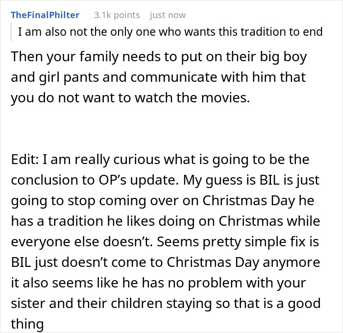Reddit comment discussing family communication about watching brother Rocky movies during Christmas. Reddit comment discussing family communication about watching brother Rocky movies during Christmas.