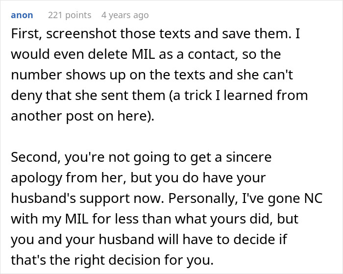 Text advice on handling MIL visits, with suggestions for managing apologies and husband support. Text advice on handling MIL visits, with suggestions for managing apologies and husband support.