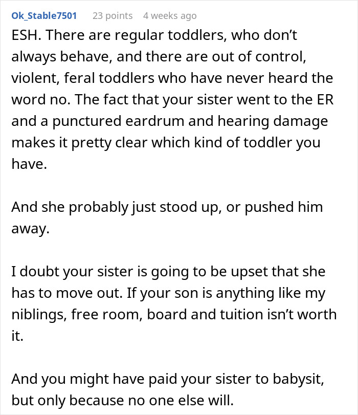 Text discussing violent toddlers, sister's refusal to pay college fees after toddler caused a concussion. Text discussing violent toddlers, sister's refusal to pay college fees after toddler caused a concussion.